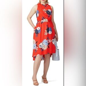 Rachel Roy Conchetta Red Floral Crepe High Low Ruffle Collar Dress Sz Large